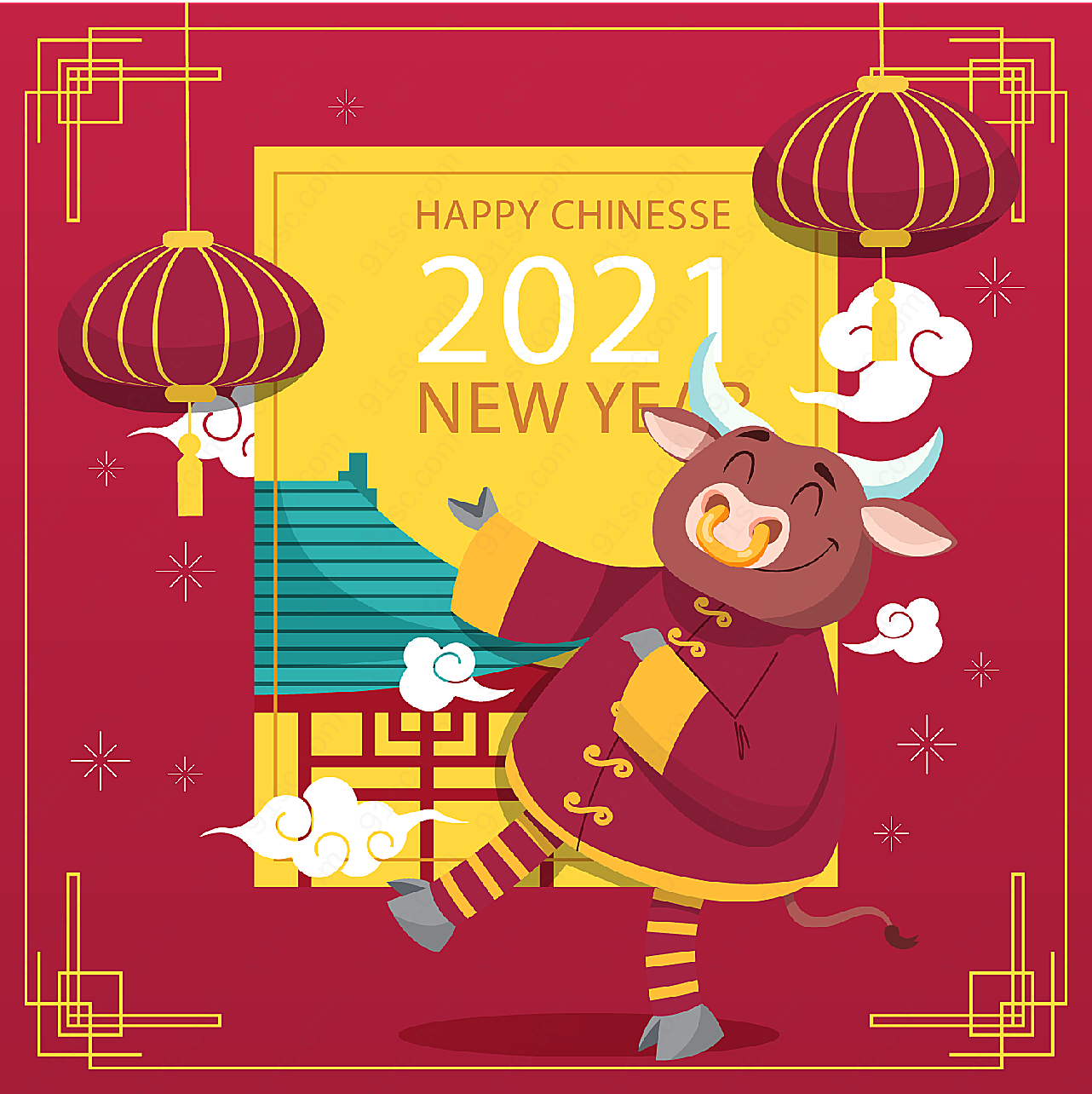 2021牛年海报矢量春节