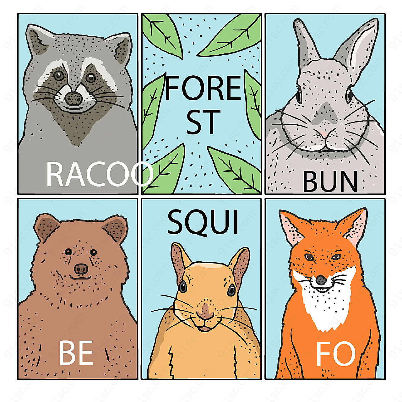 彩绘森林动物卡片矢量野生动物
