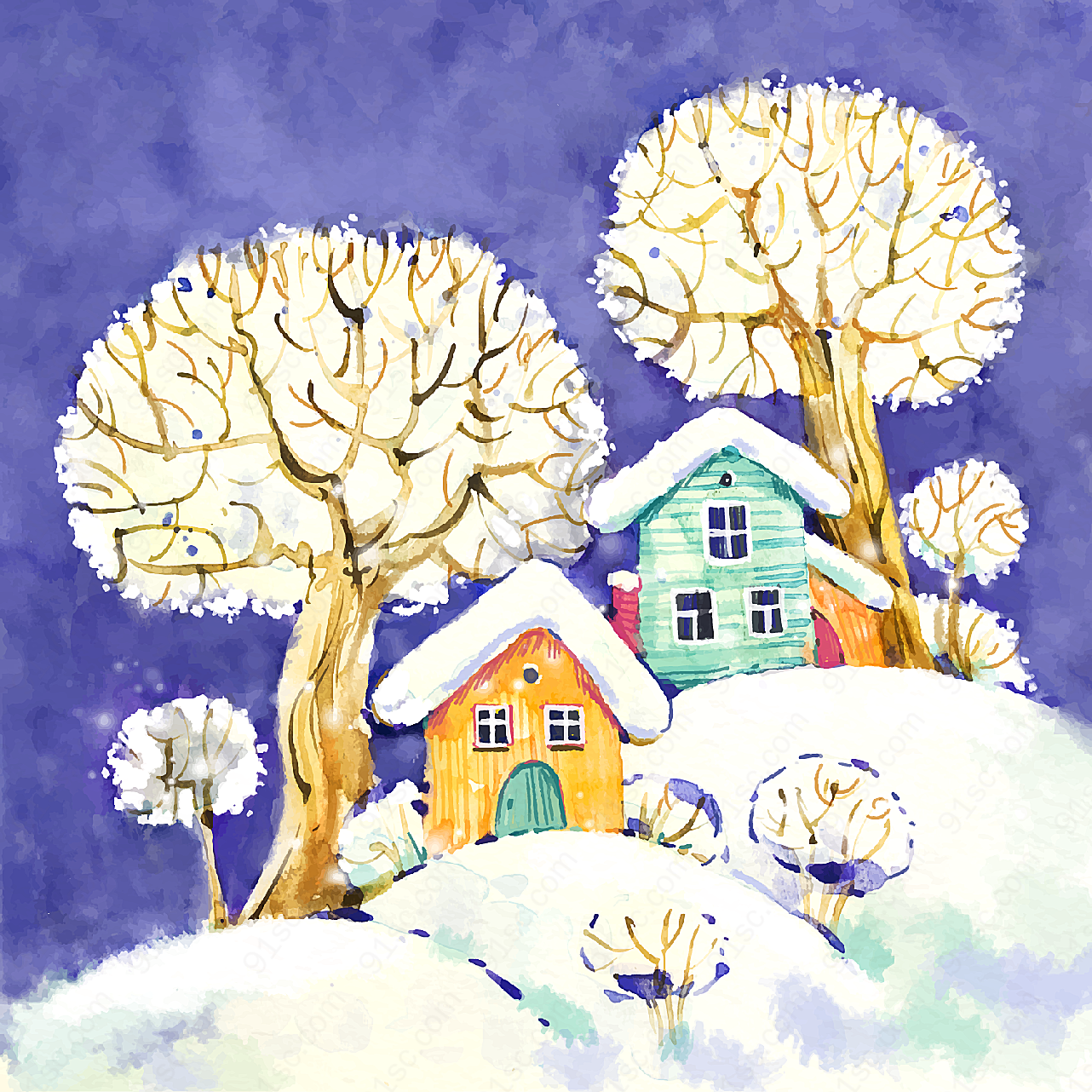 雪地上的房屋和树木矢量自然风景
