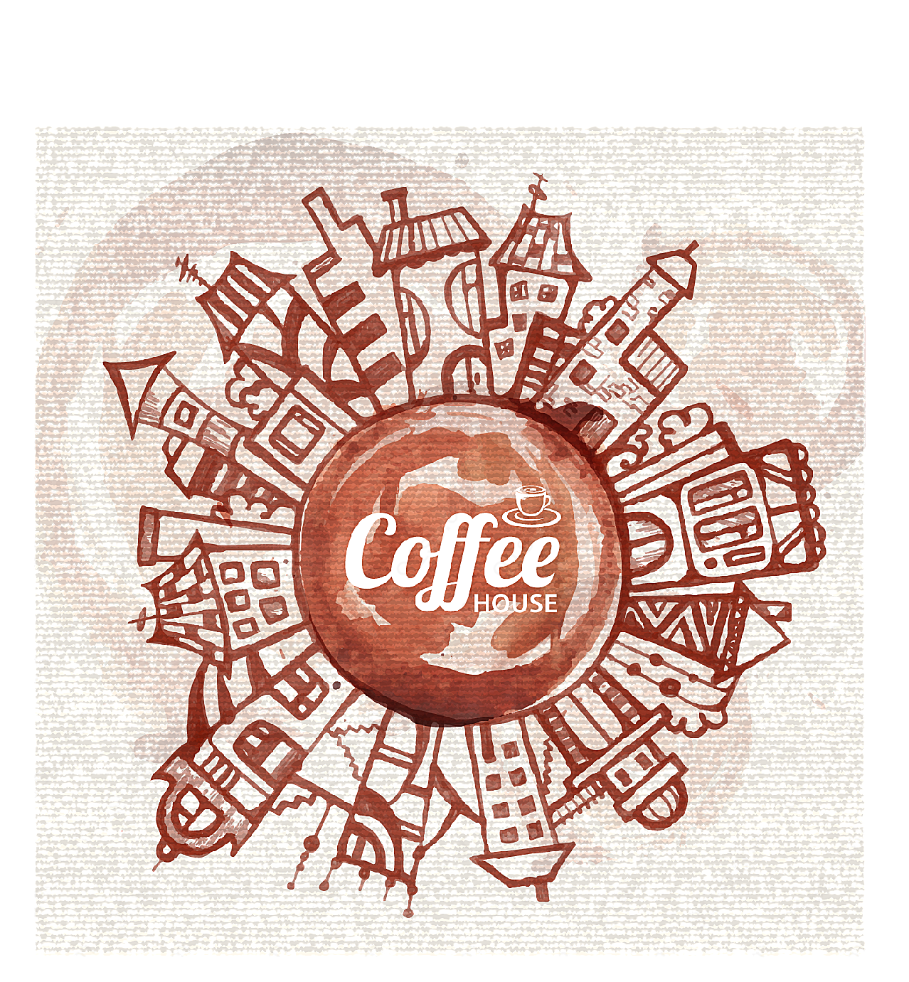 咖啡渍绘城市背景矢量设计元素