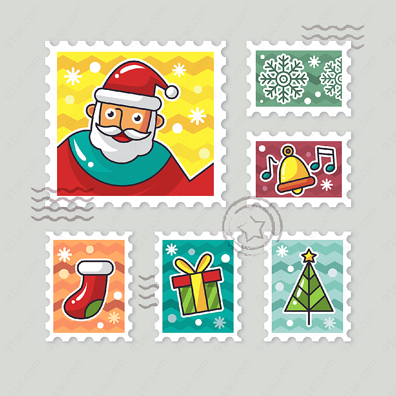 彩色圣诞节邮票矢量圣诞节