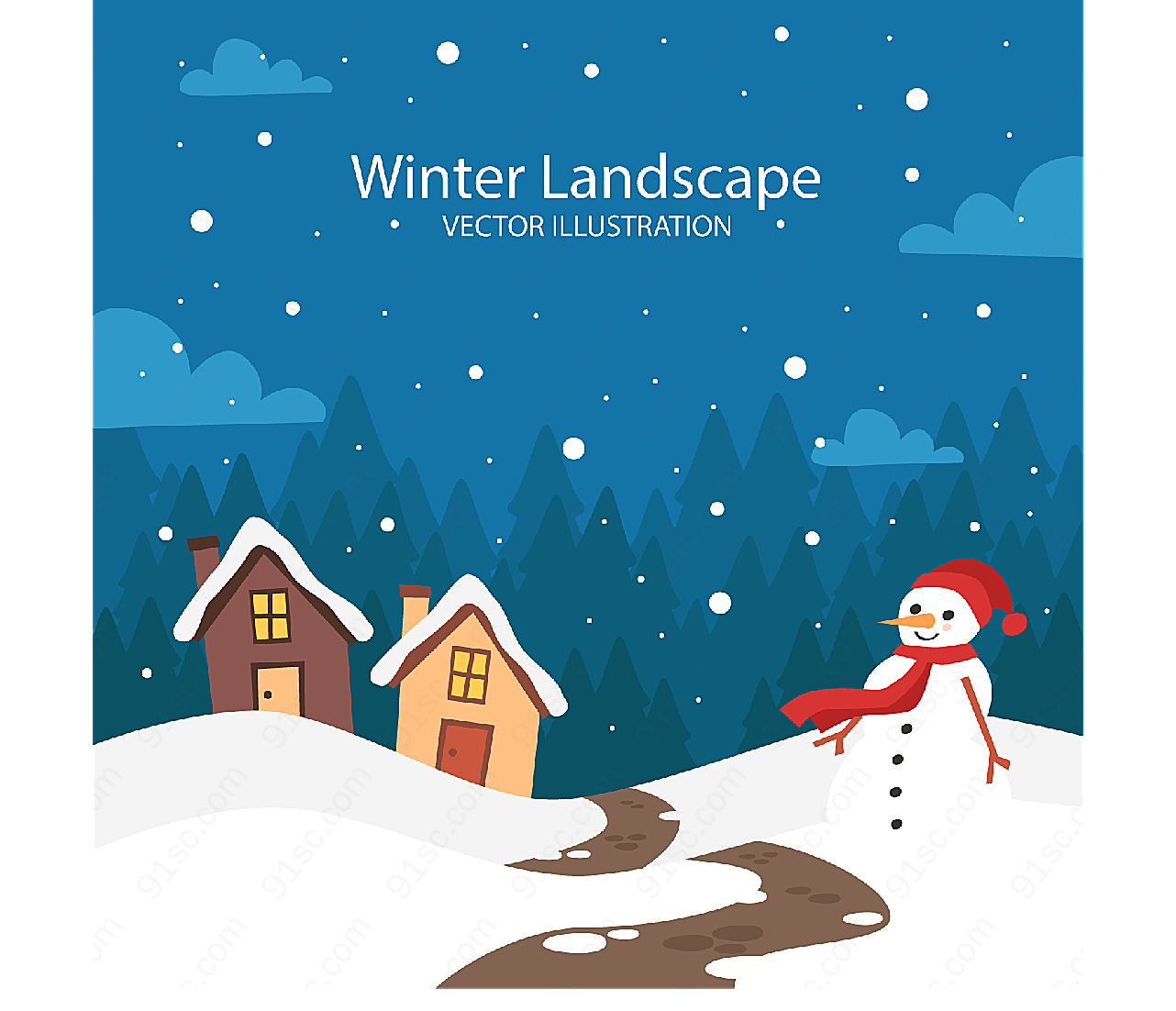 冬季房屋和雪人矢量建筑景观