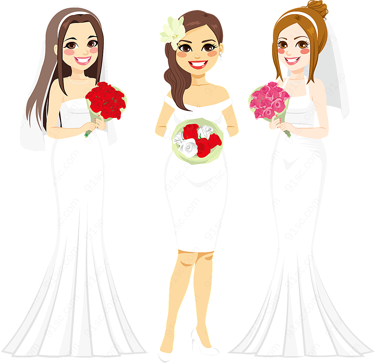 3款卡通新娘设计矢量女性人物