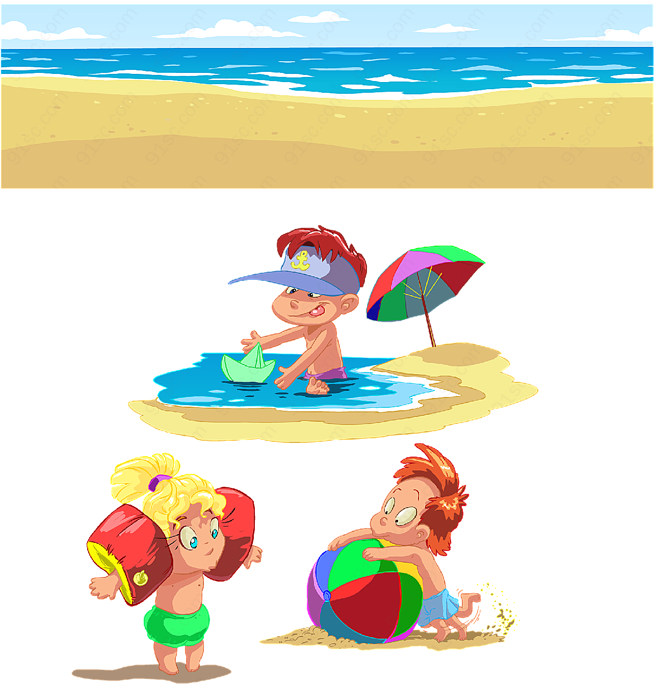 卡通儿童夏季沙滩矢量儿童幼儿