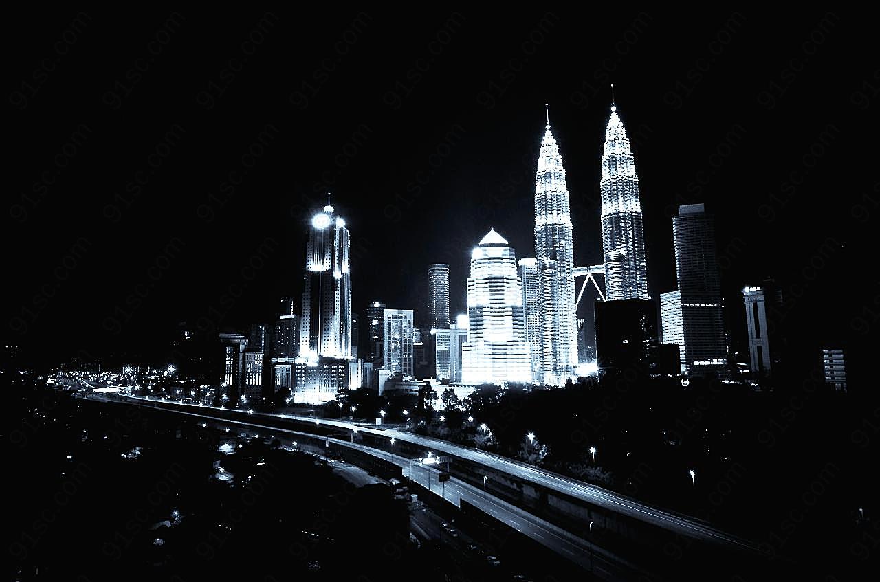 吉隆坡夜景黑白图片