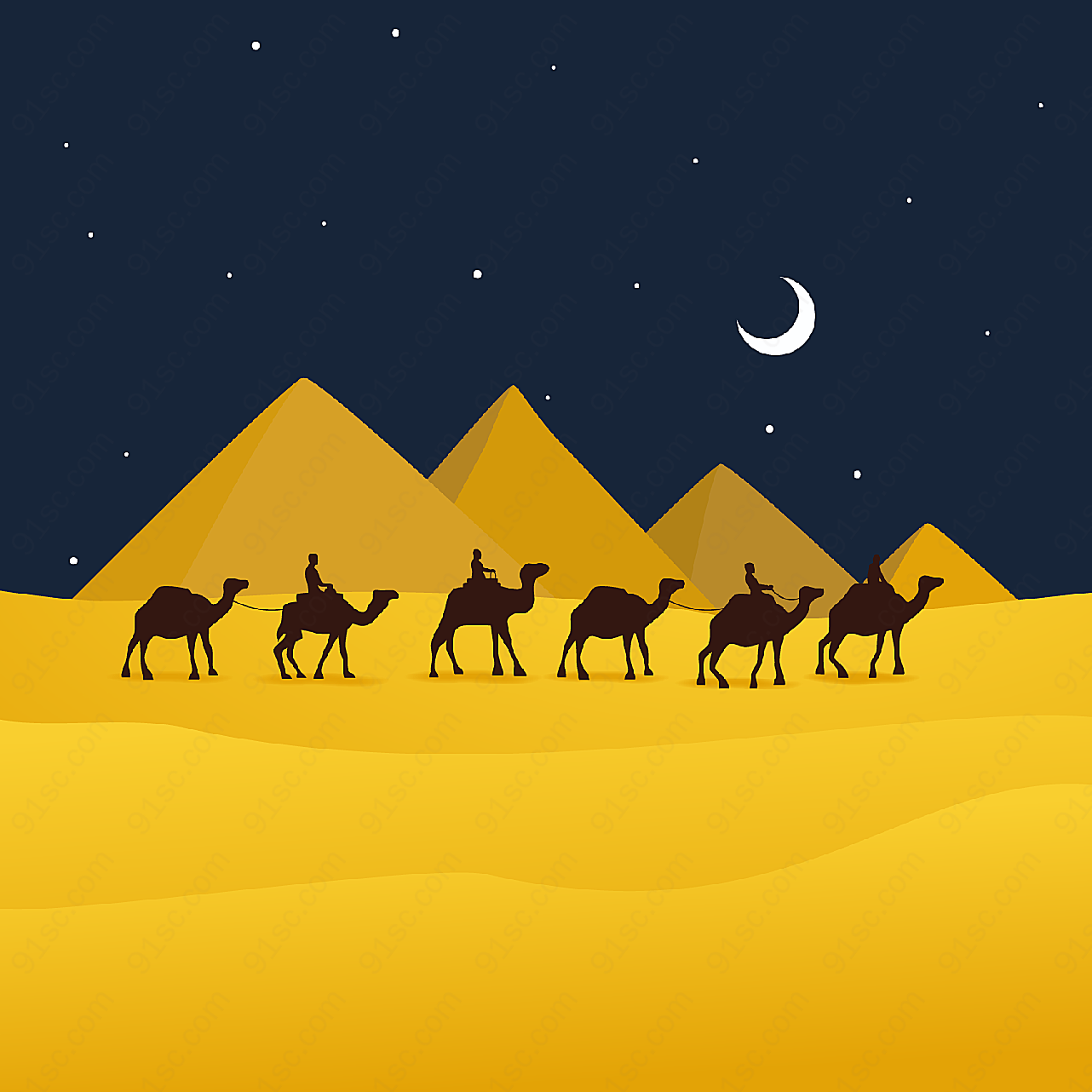 夜晚沙漠骆驼风景矢量自然风景