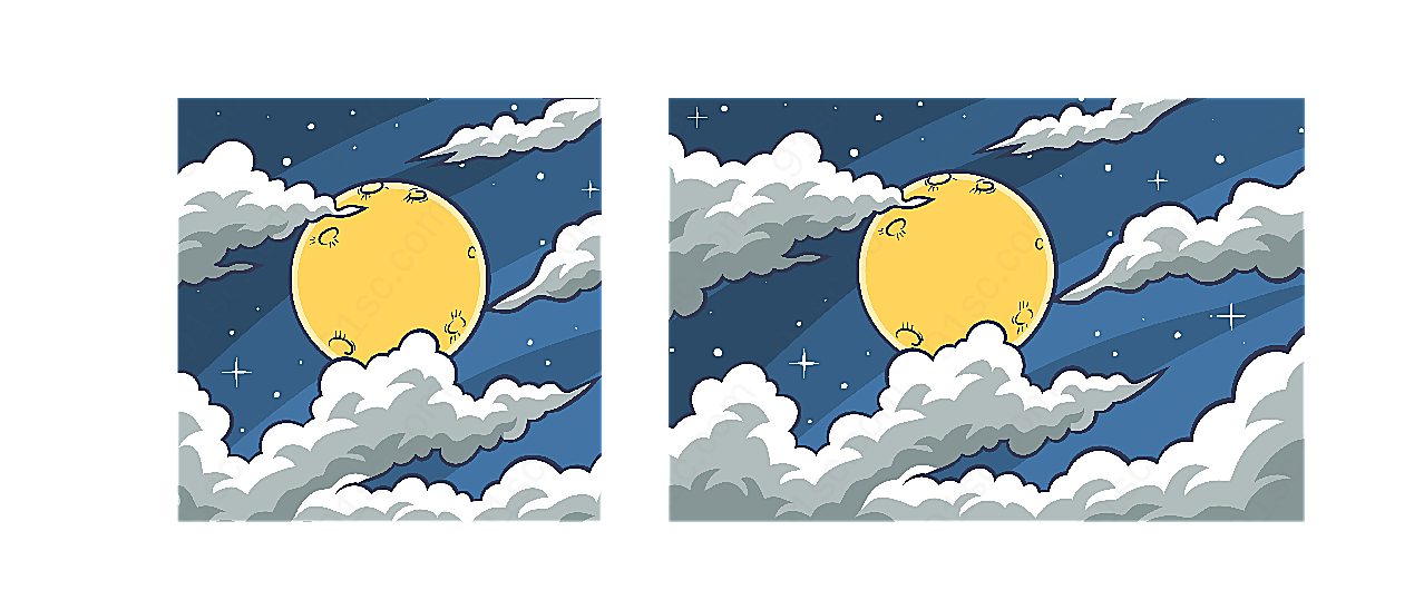 彩绘云中的月亮卡通矢量插画