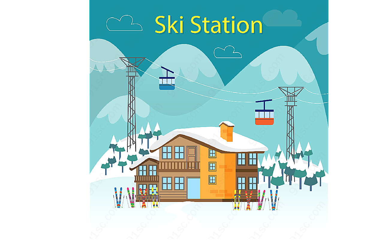 冬季滑雪场矢量建筑景观