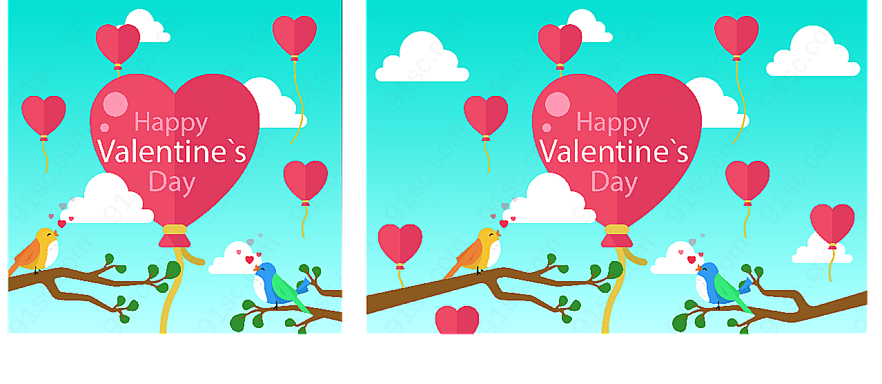 情人节气球和情侣鸟矢量情人节