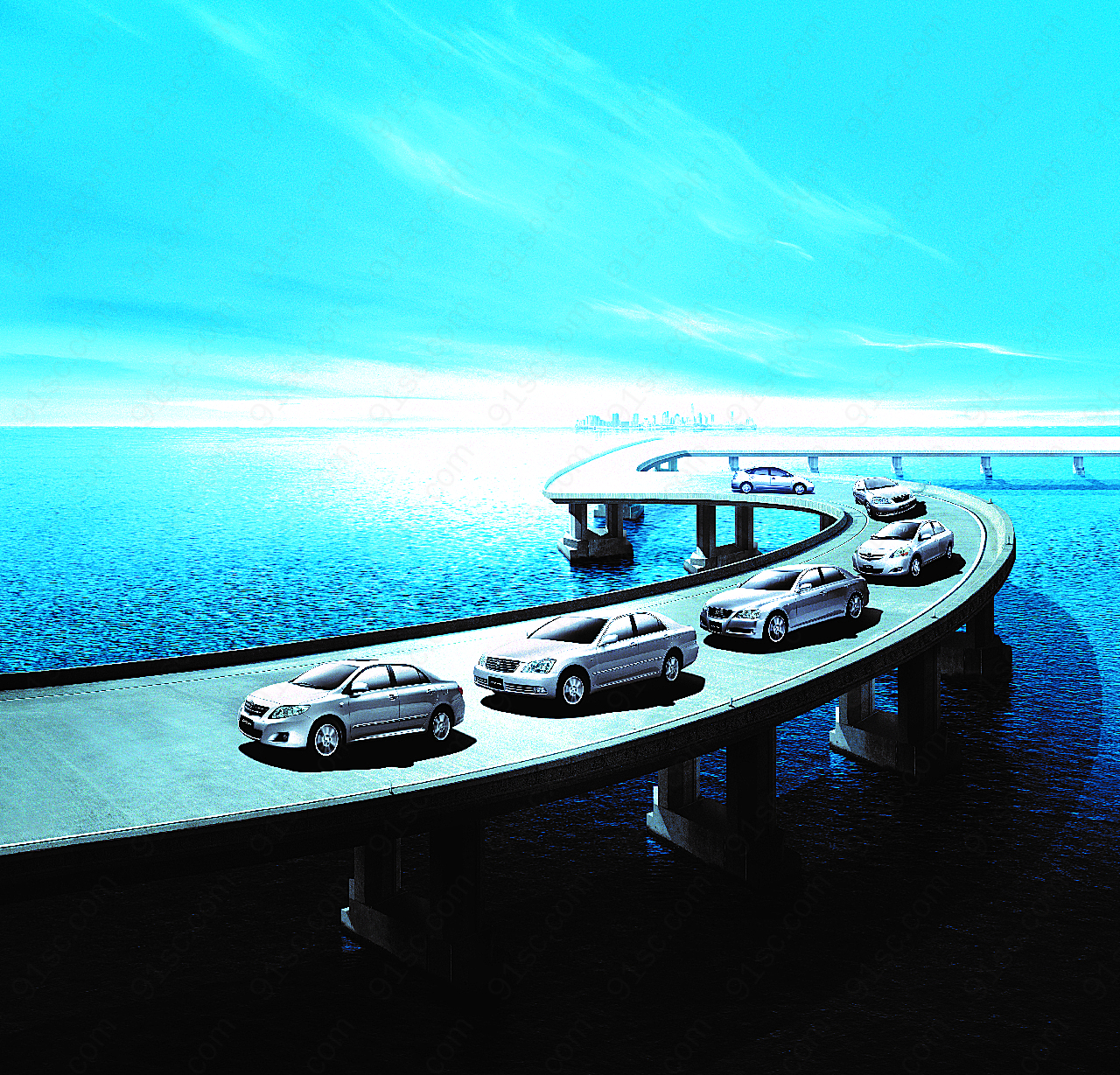 海面大桥上的轿车运输现代