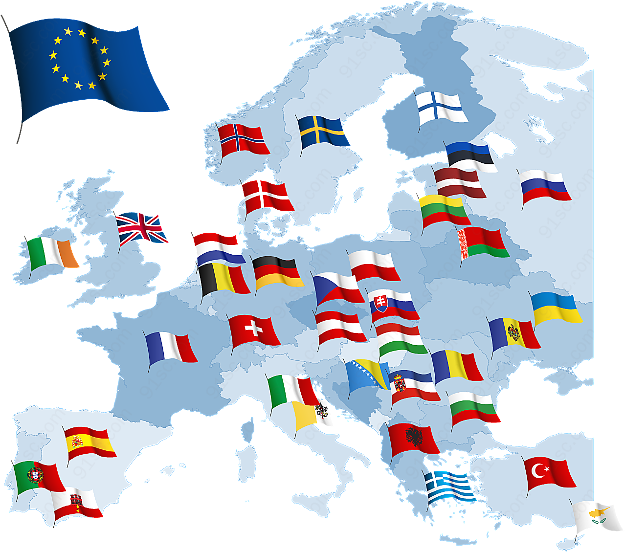 欧盟国家国旗矢量地图