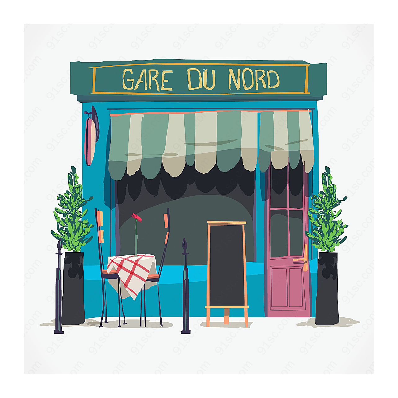 彩绘巴黎街边餐馆矢量建筑景观