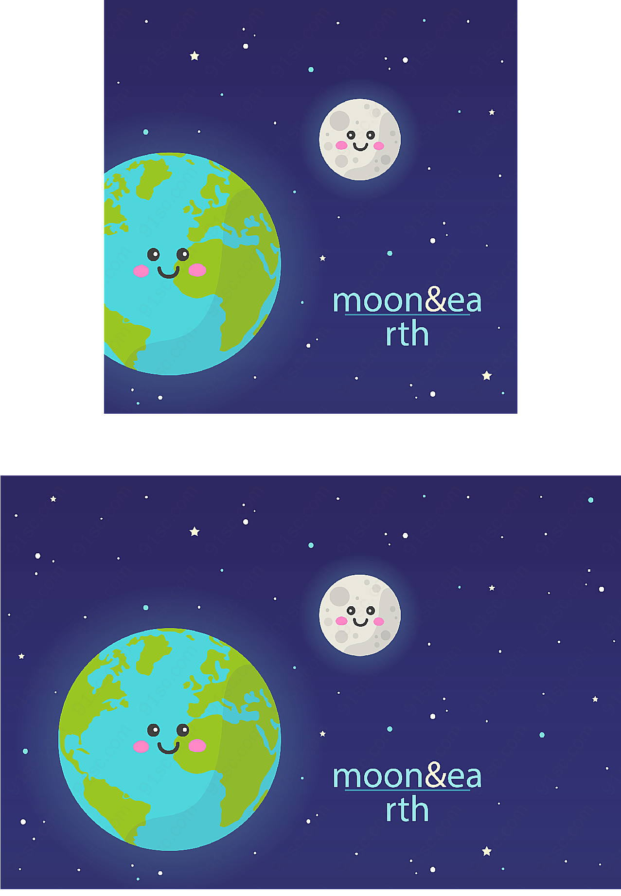 笑脸地球和月亮卡通矢量插画