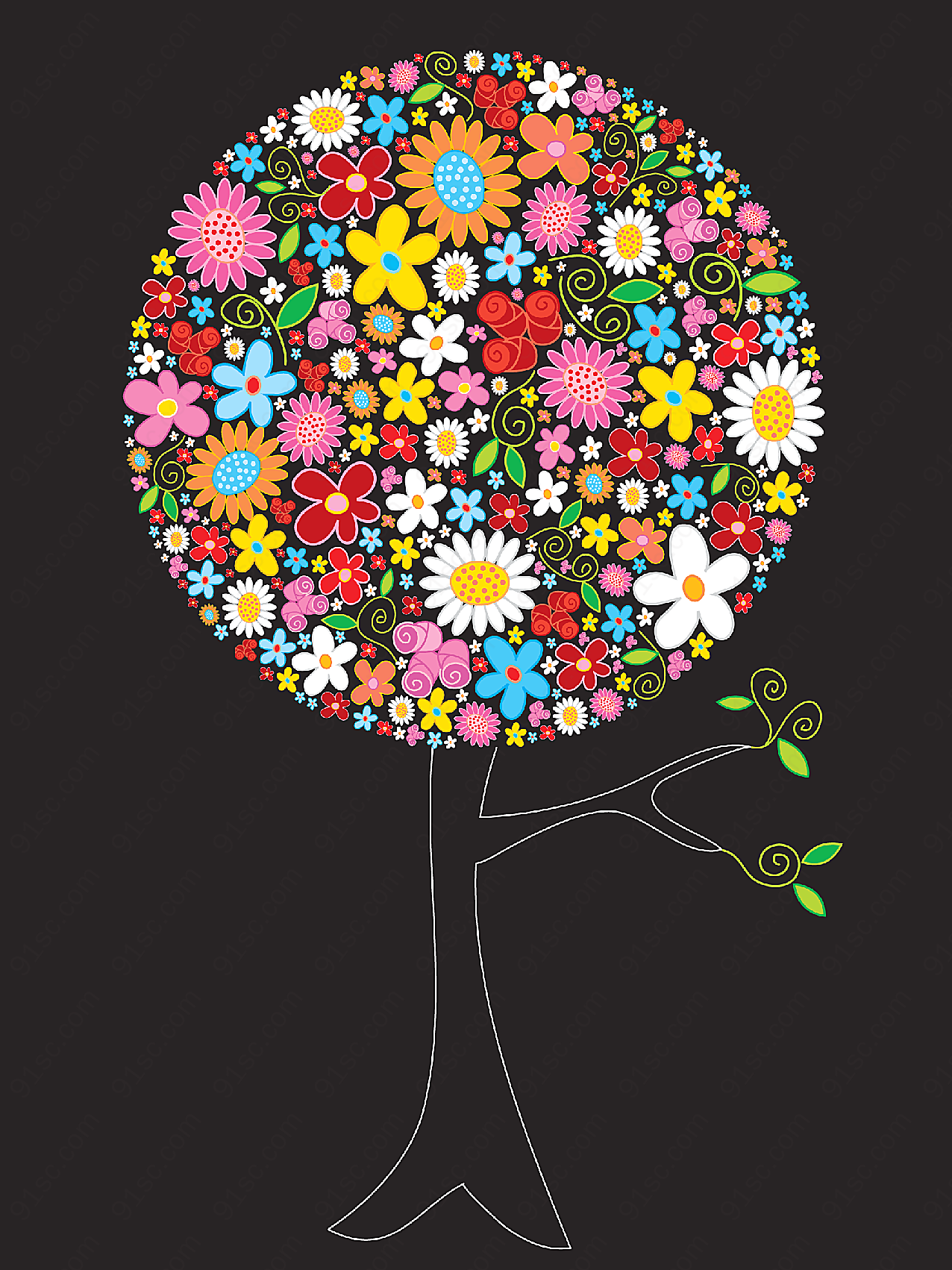 花卉组成树木矢量图案