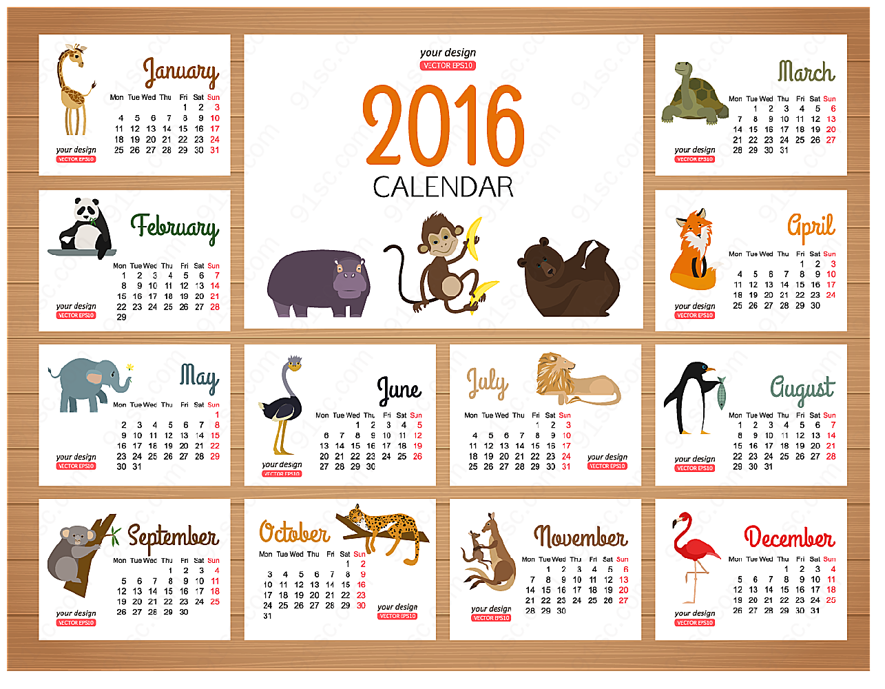 2016小动物年历年历日历矢量