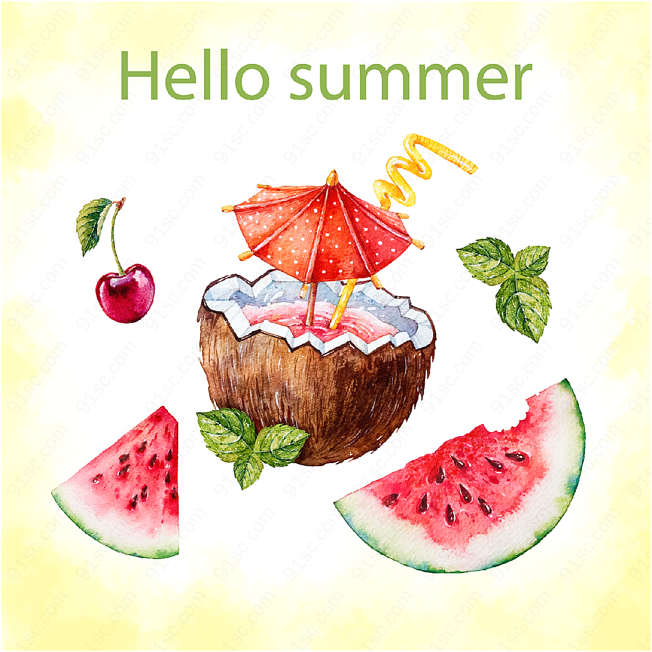 水彩绘夏季水果矢量水果