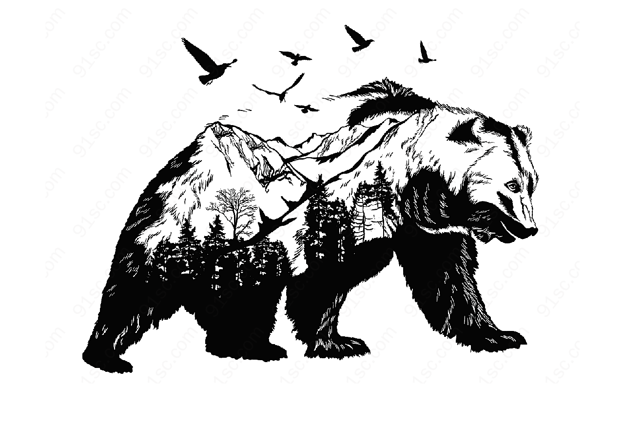 黑白熊头图案3矢量野生动物