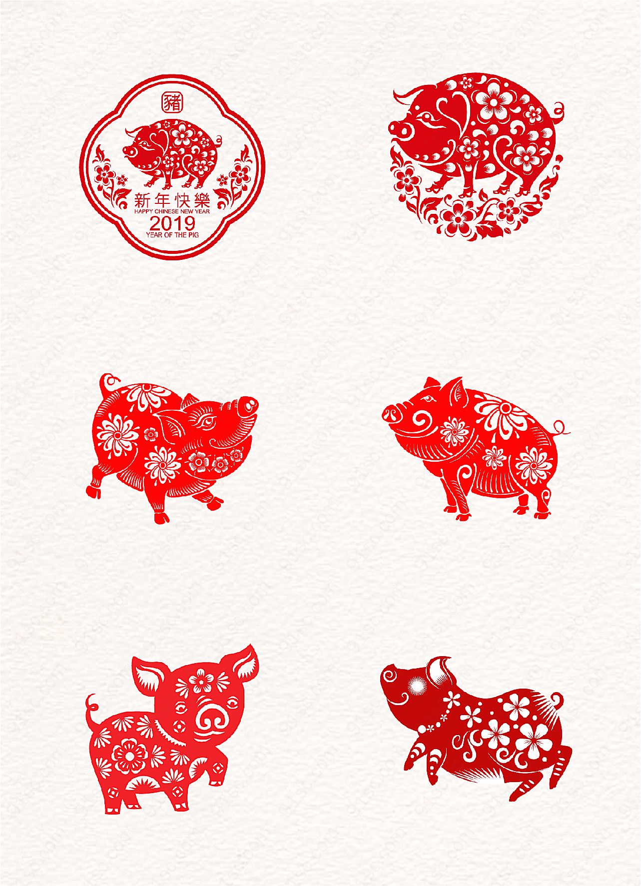 猪年春节剪纸艺术矢量春节