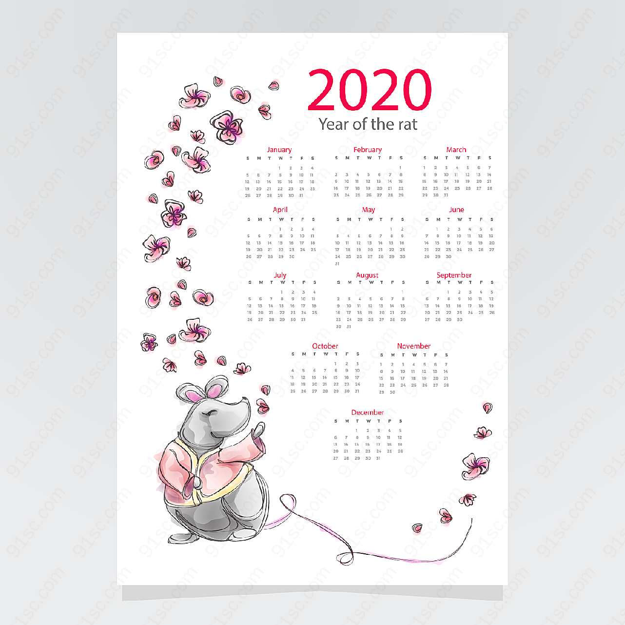 2020手绘老鼠年历年历日历矢量