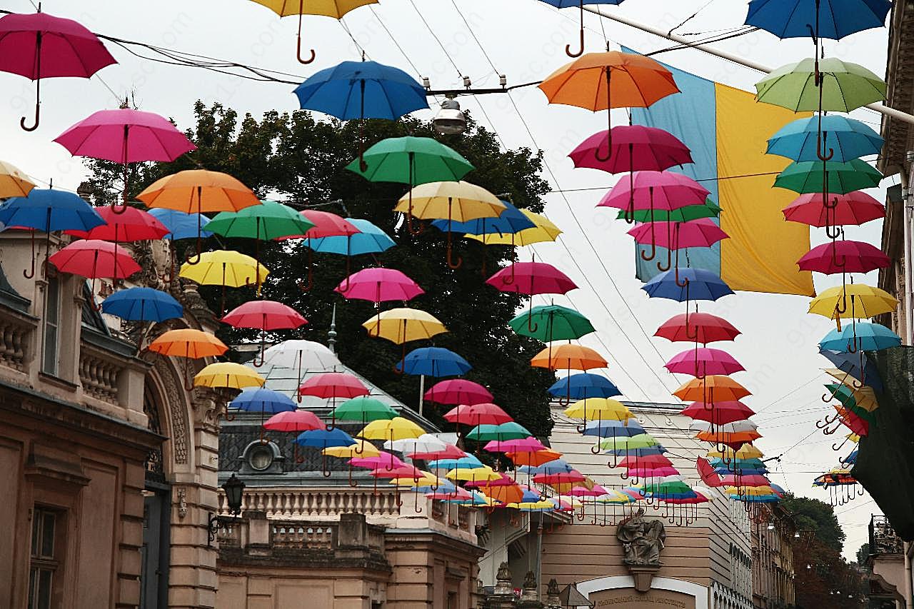 彩色雨伞街装饰图片生活用品