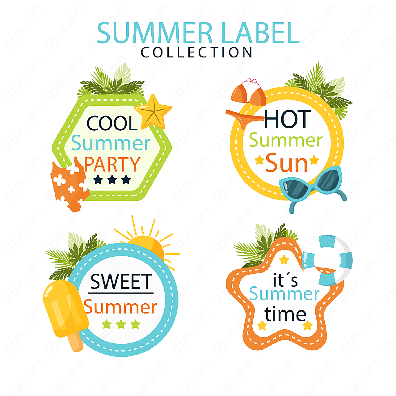 彩色夏季假期标签label矢量