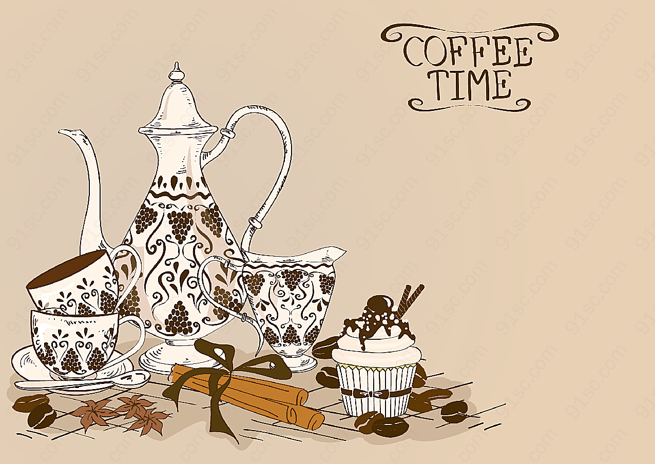 手绘茶壶和茶杯矢量餐具厨具