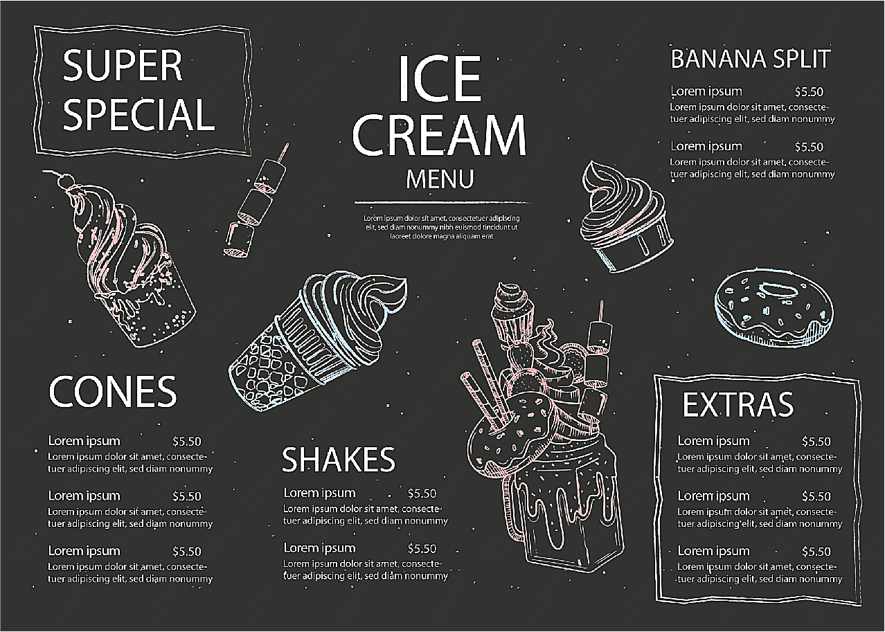 美味冰淇淋黑板菜单模板矢量概念