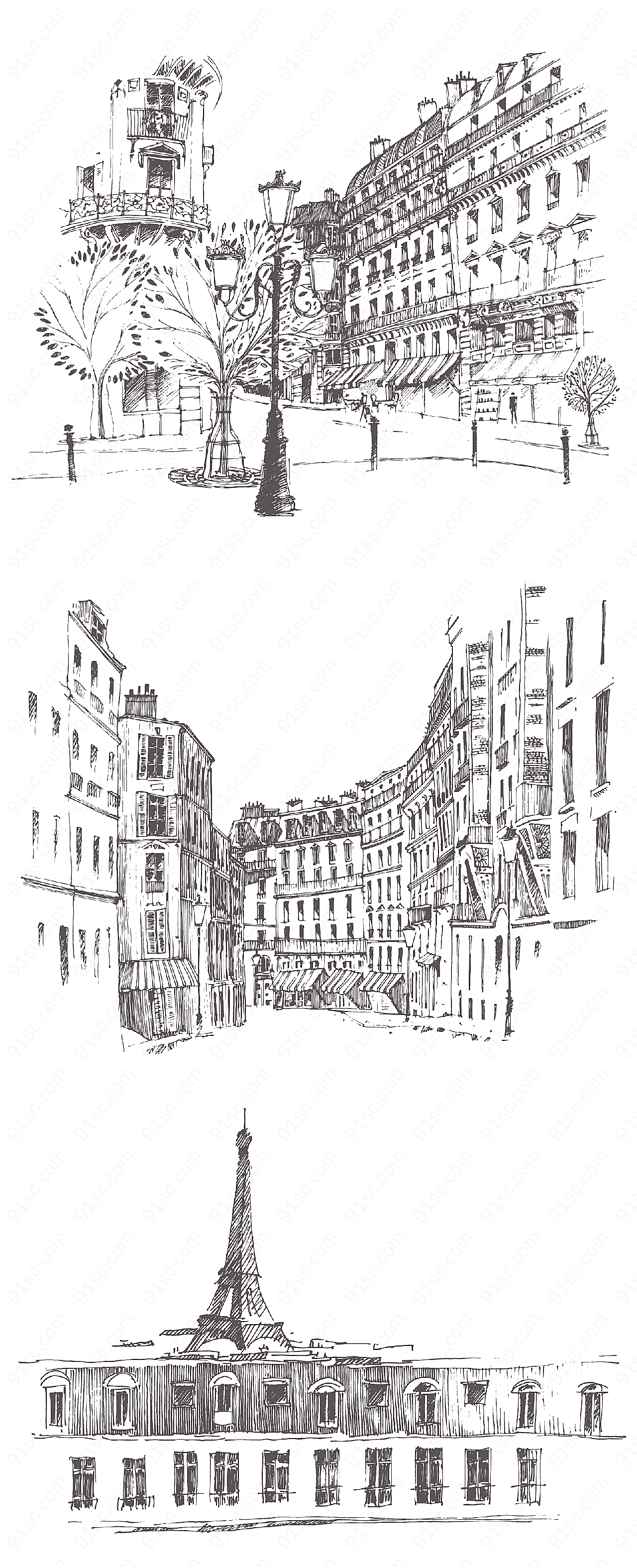 巴黎街景素描矢量建筑景观