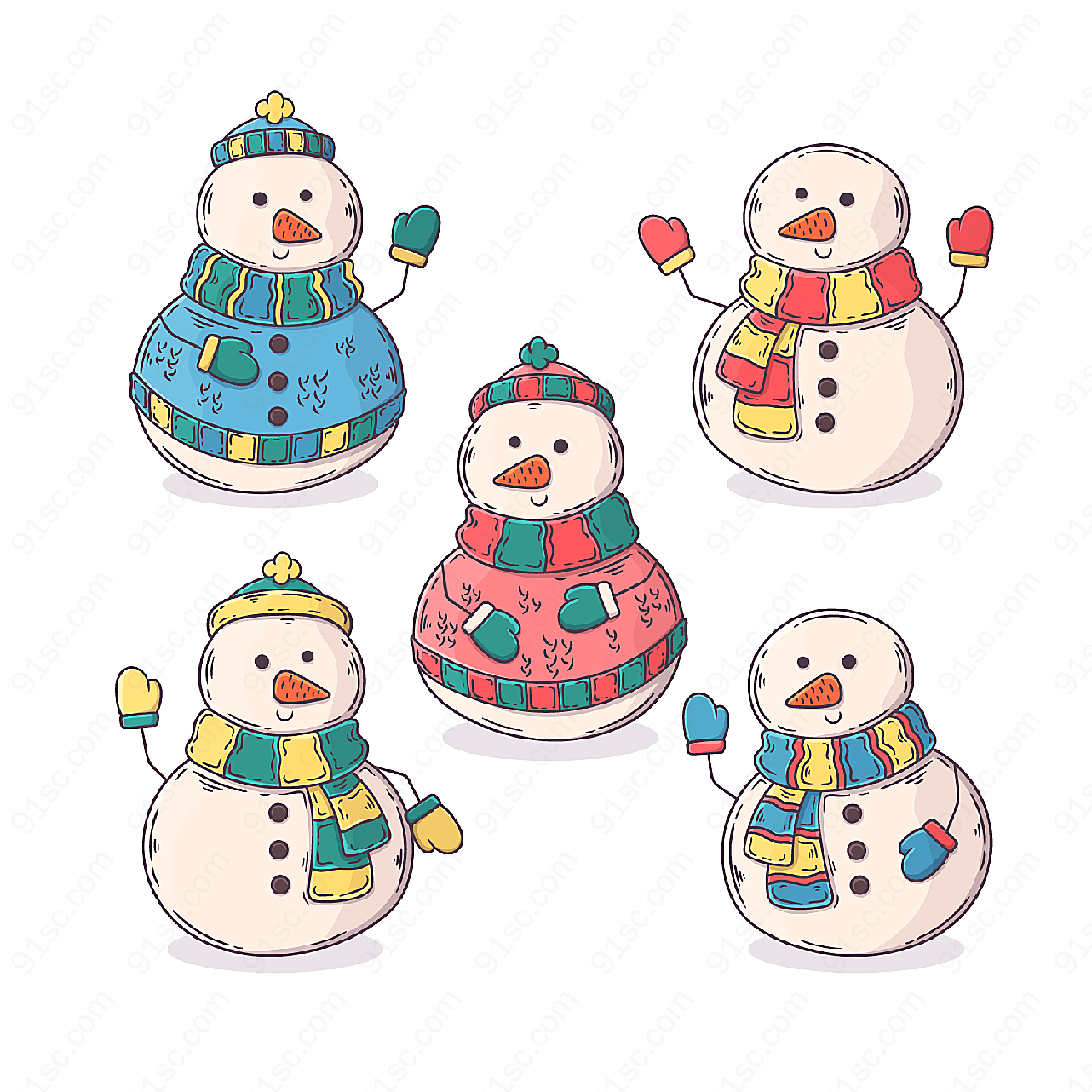 彩绘冬季雪人角色矢量卡通角色