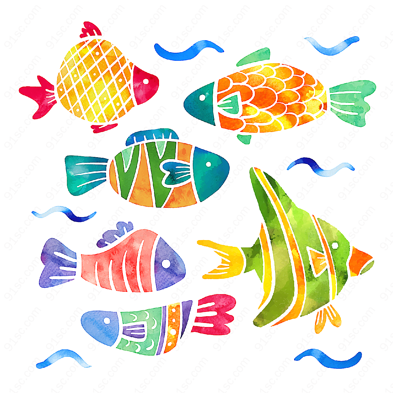 彩绘花纹鱼类矢量绘画