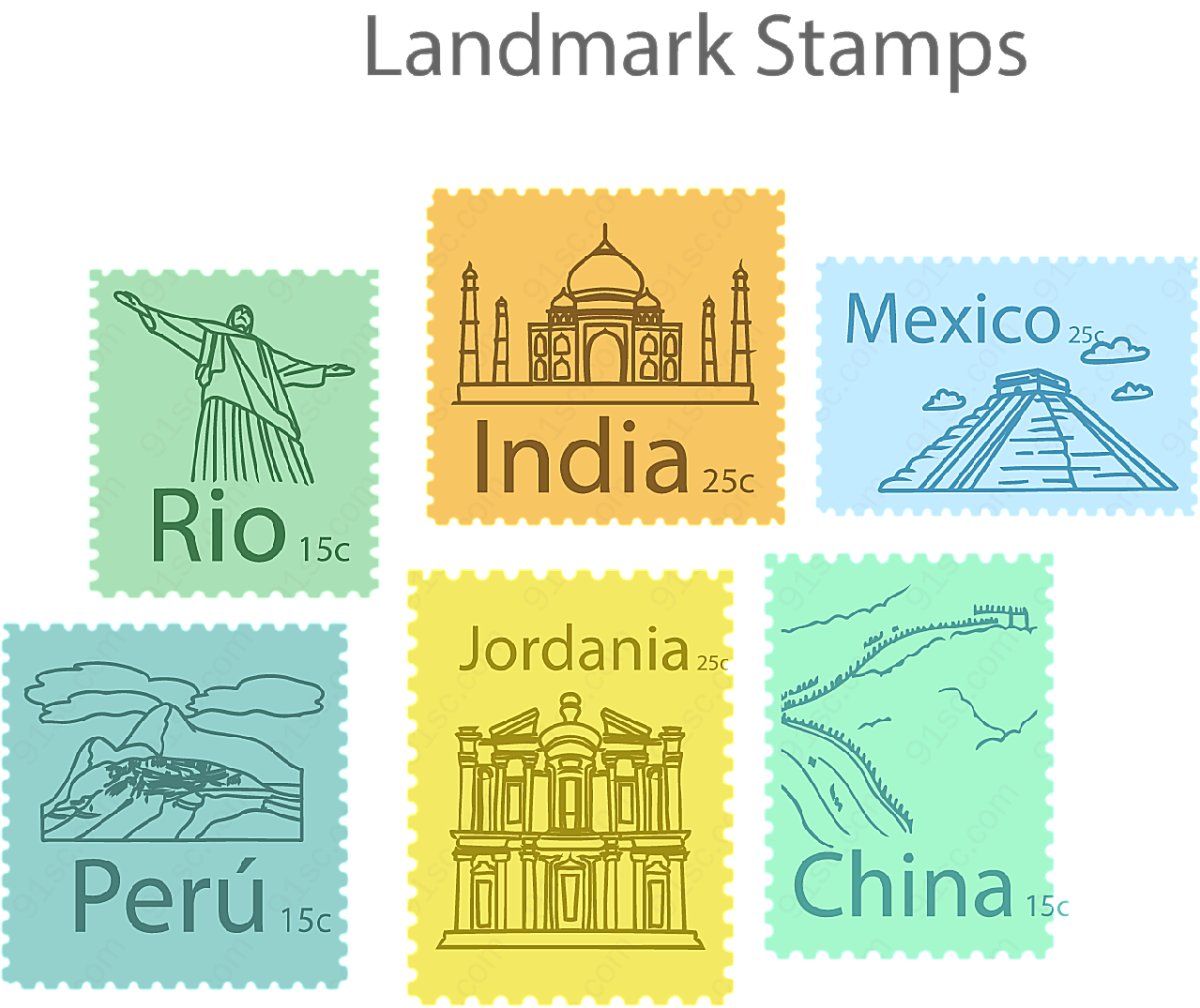 手绘旅游地标邮票矢量传统文化