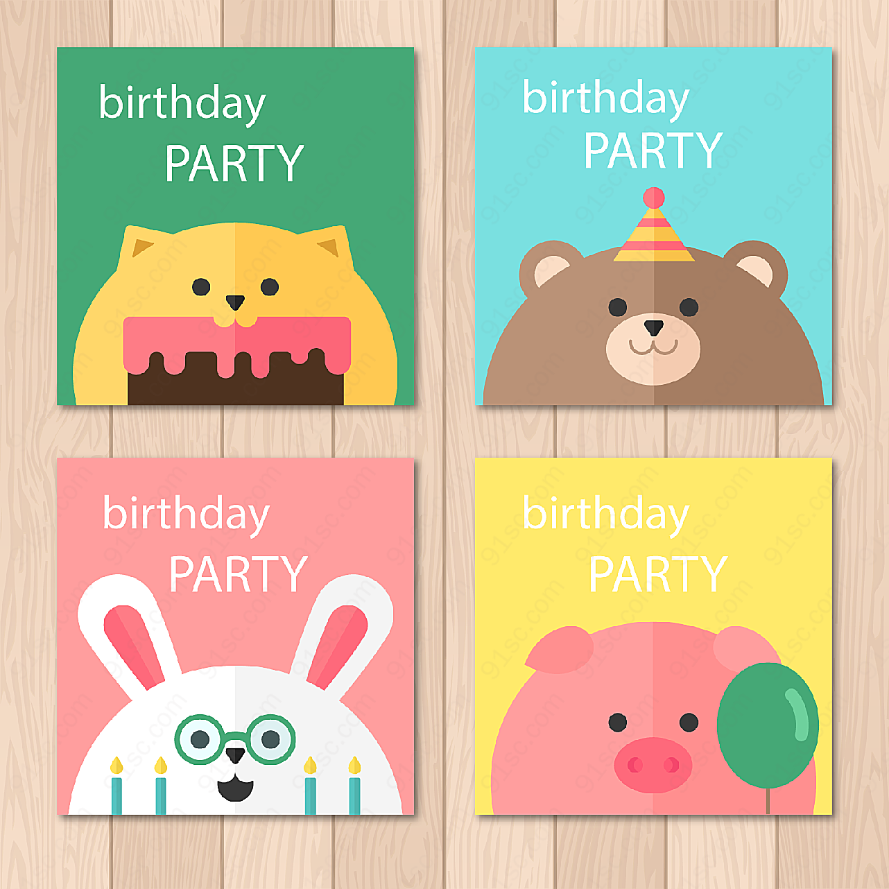 动物生日派对卡片矢量生日