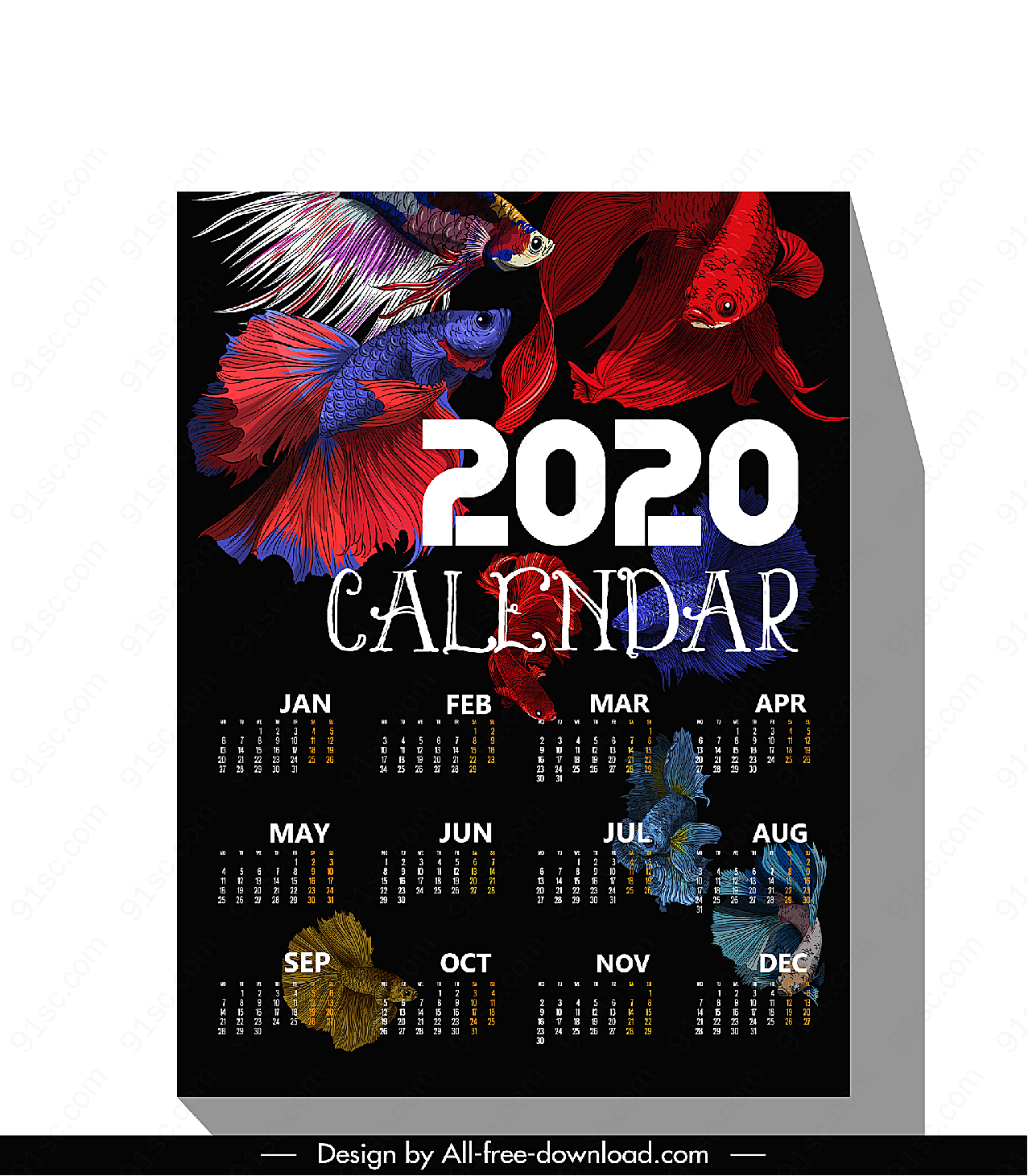 2020年金鱼年历年历日历矢量