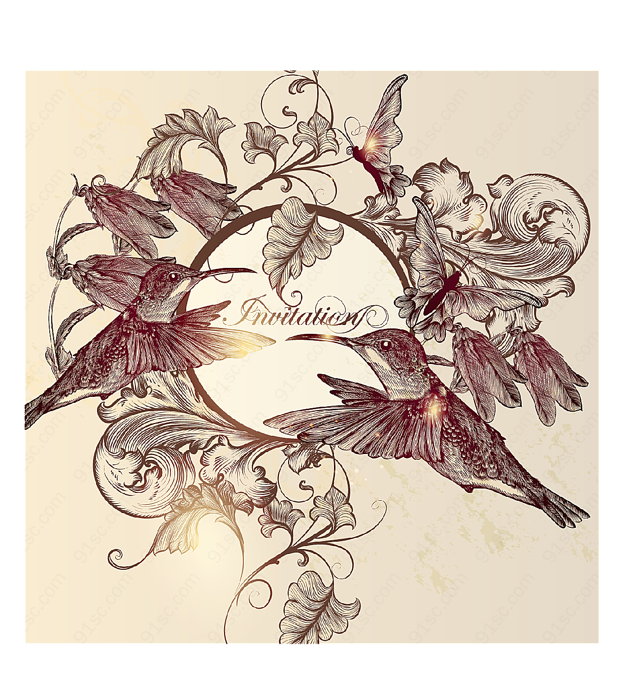 版画风格蜂鸟与花朵矢量图案