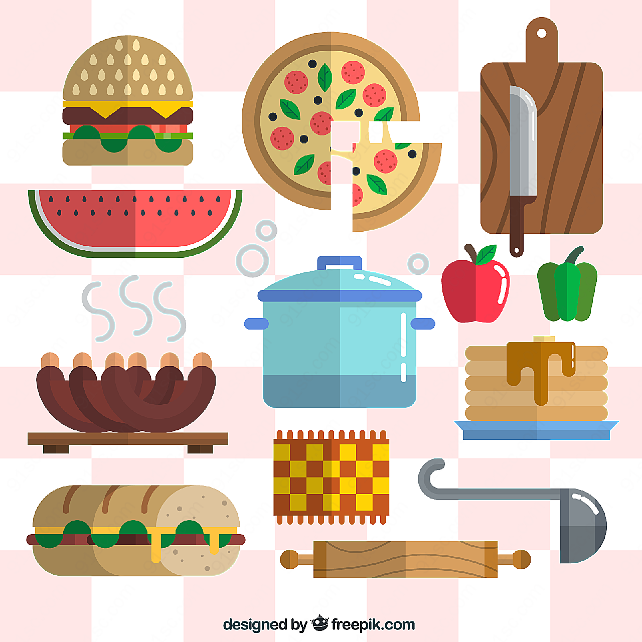 扁平化食物和厨具矢量餐具厨具