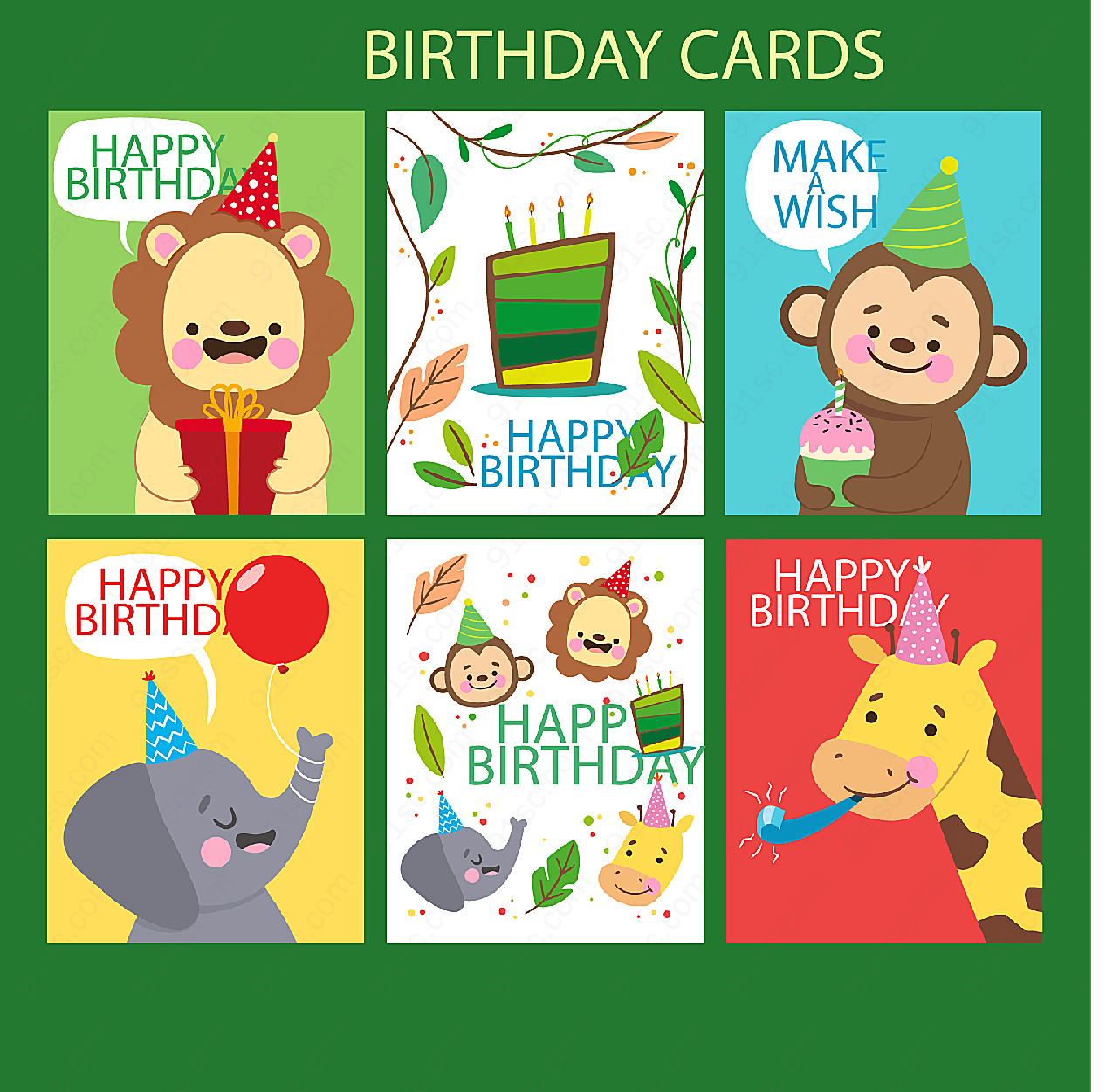卡通动物生日卡片矢量生日