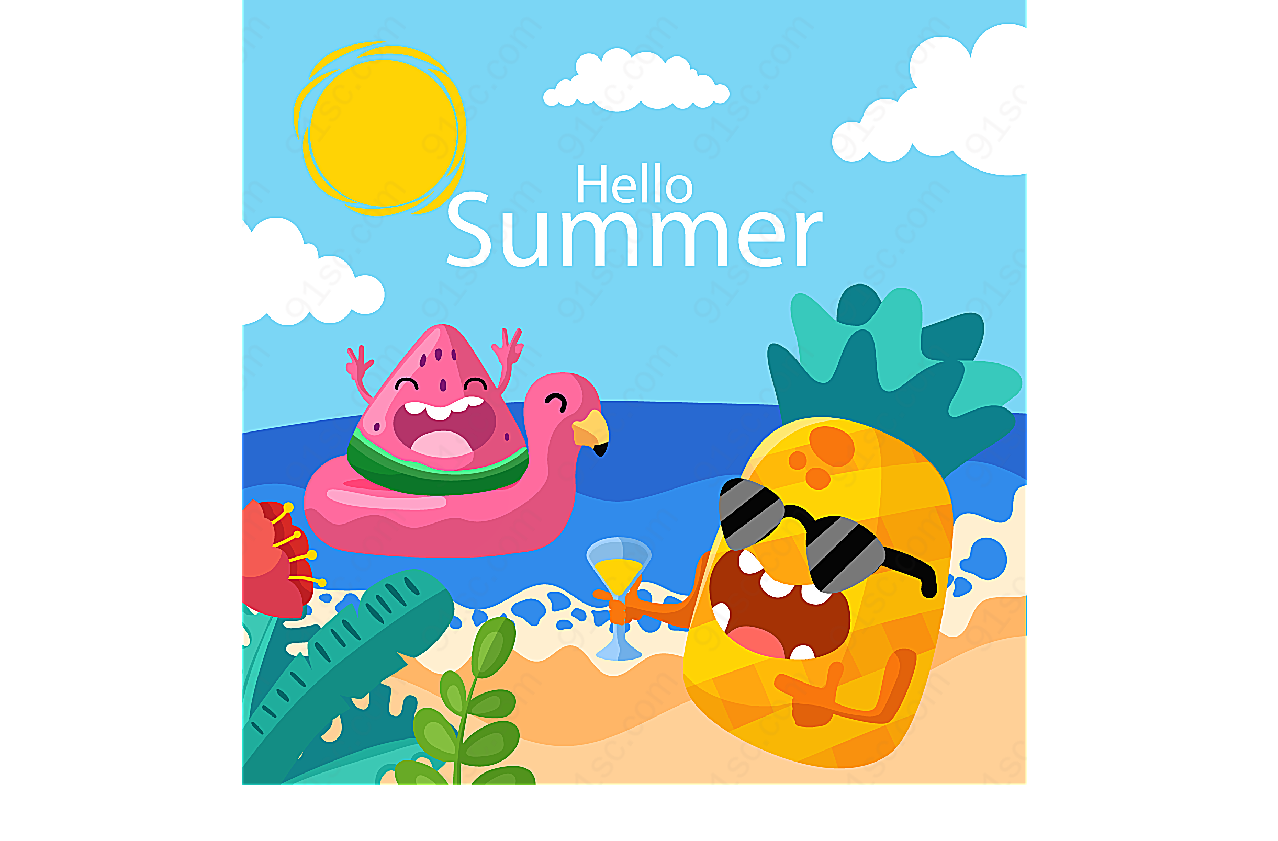 夏季海边度假水果卡通矢量插画