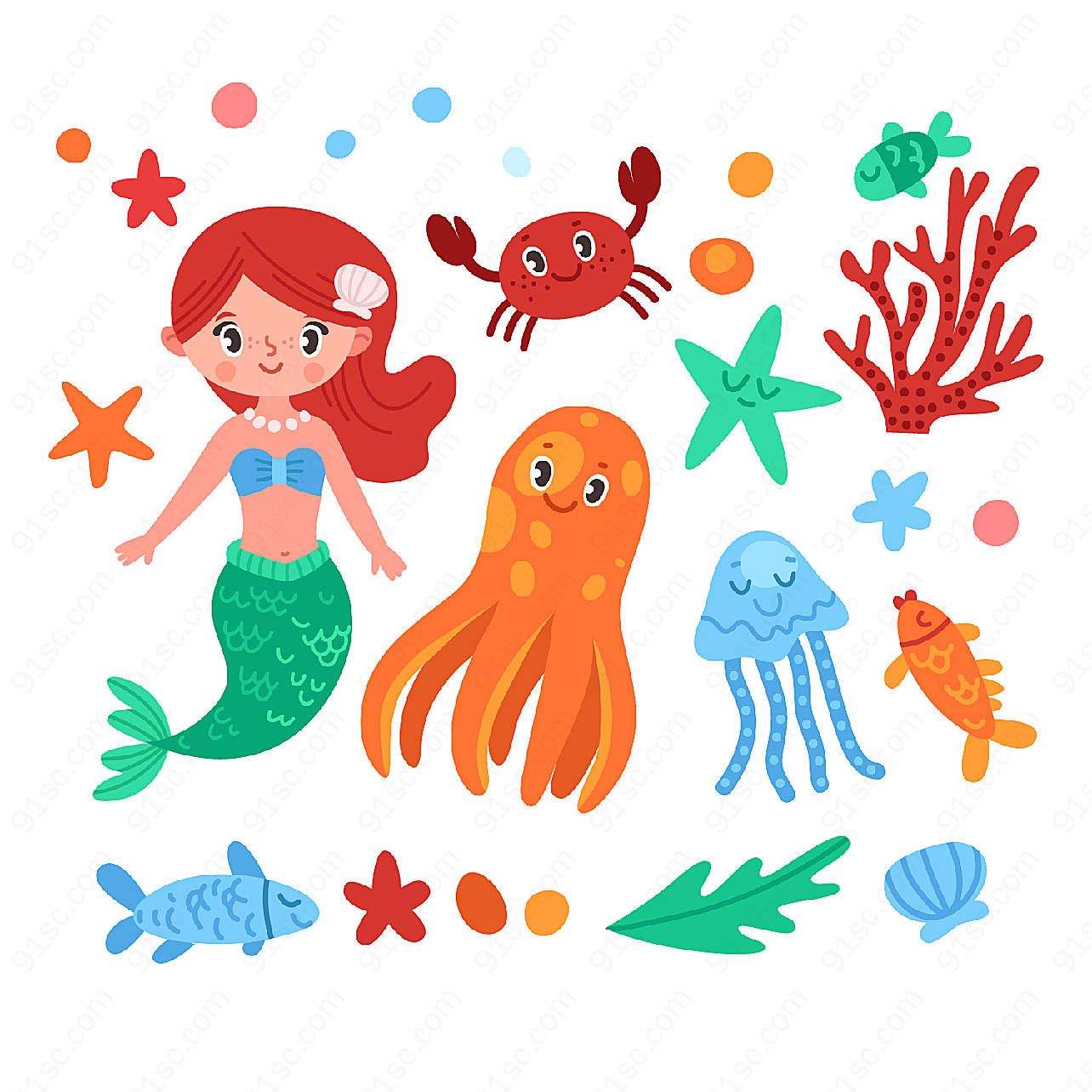 美人鱼和海洋动物矢量卡通动物