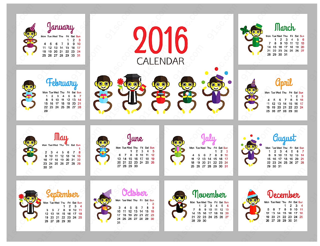 2016年猴年年历年历日历矢量