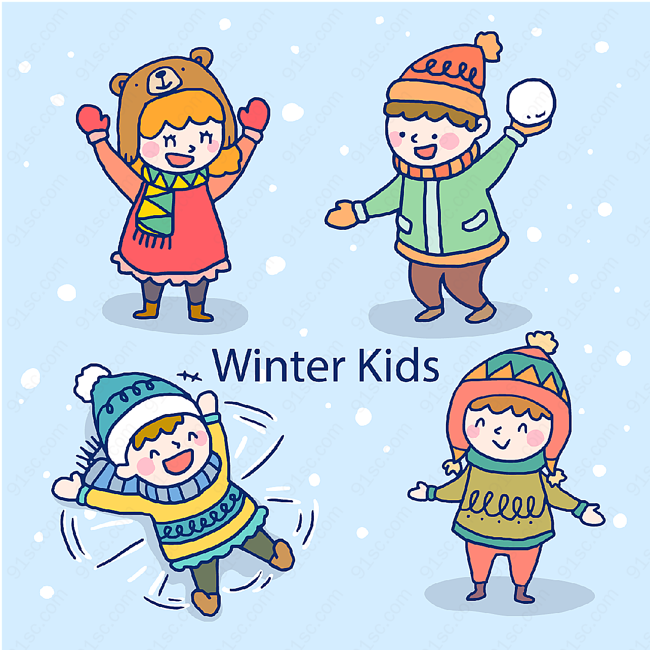 冬季玩耍儿童矢量儿童幼儿