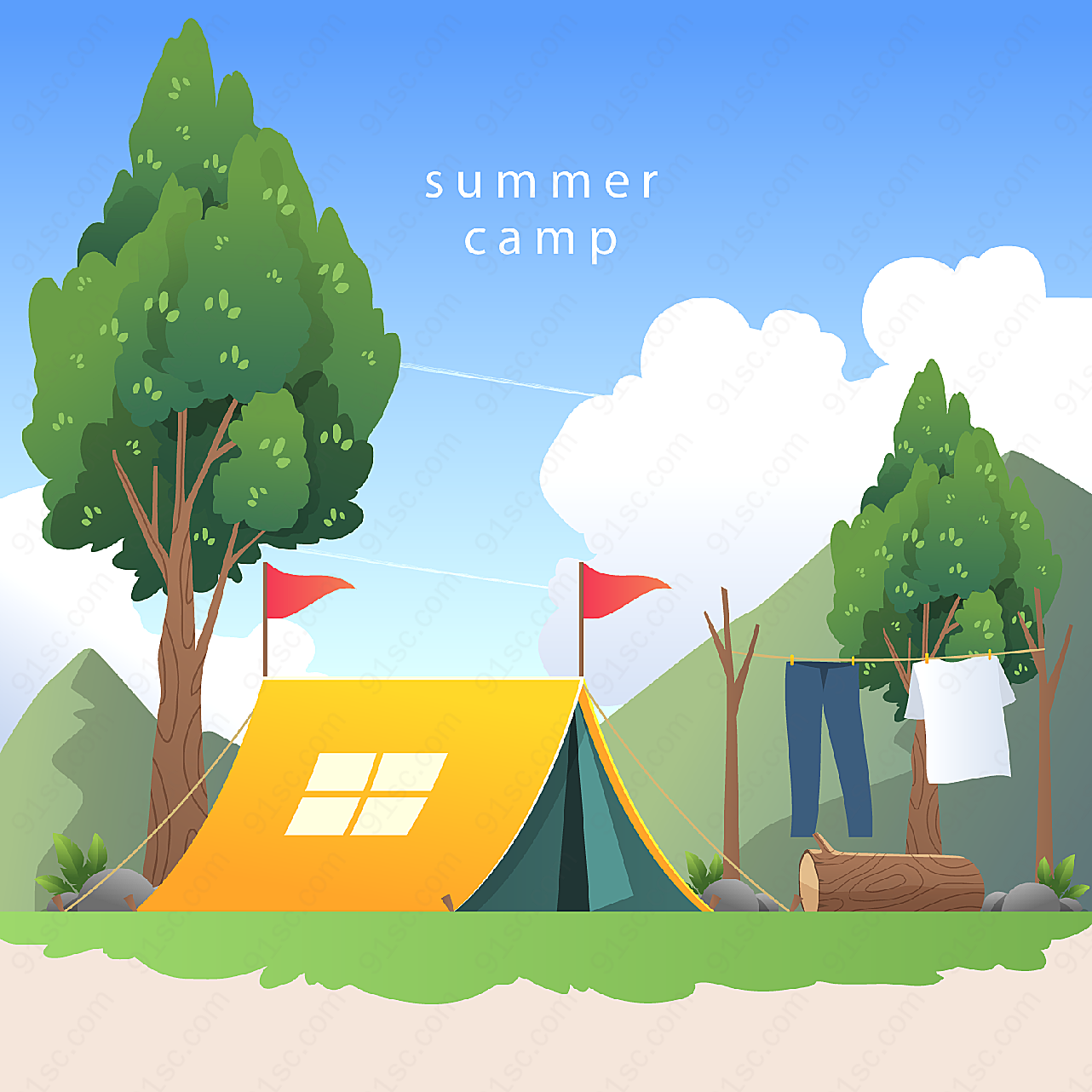 夏季野营帐篷插画矢量自然风景