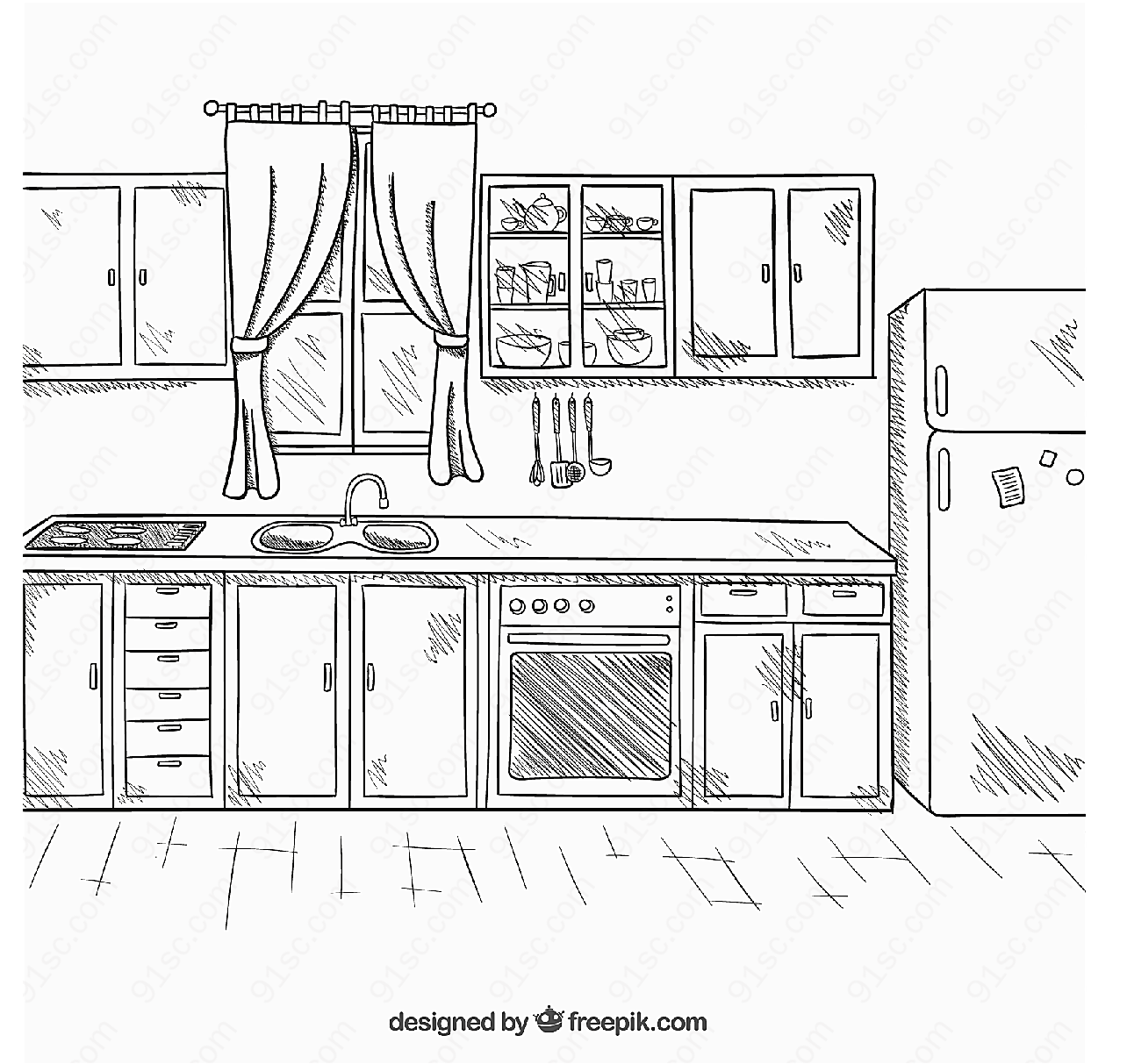 手绘整洁厨房矢量室内空间