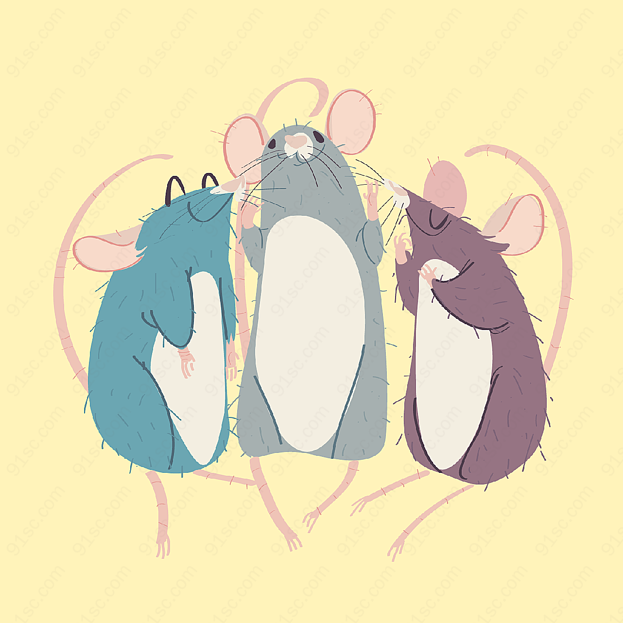 彩绘3只老鼠矢量野生动物