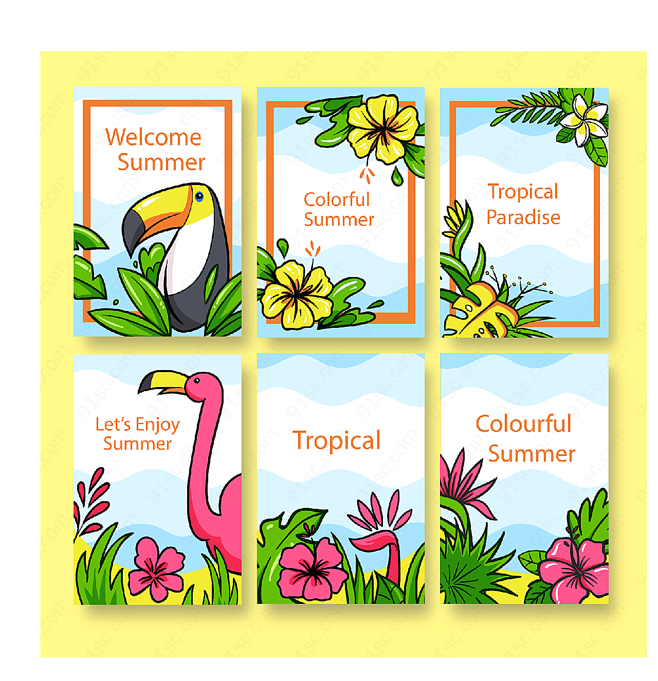 彩绘热带花鸟卡片矢量名片卡片