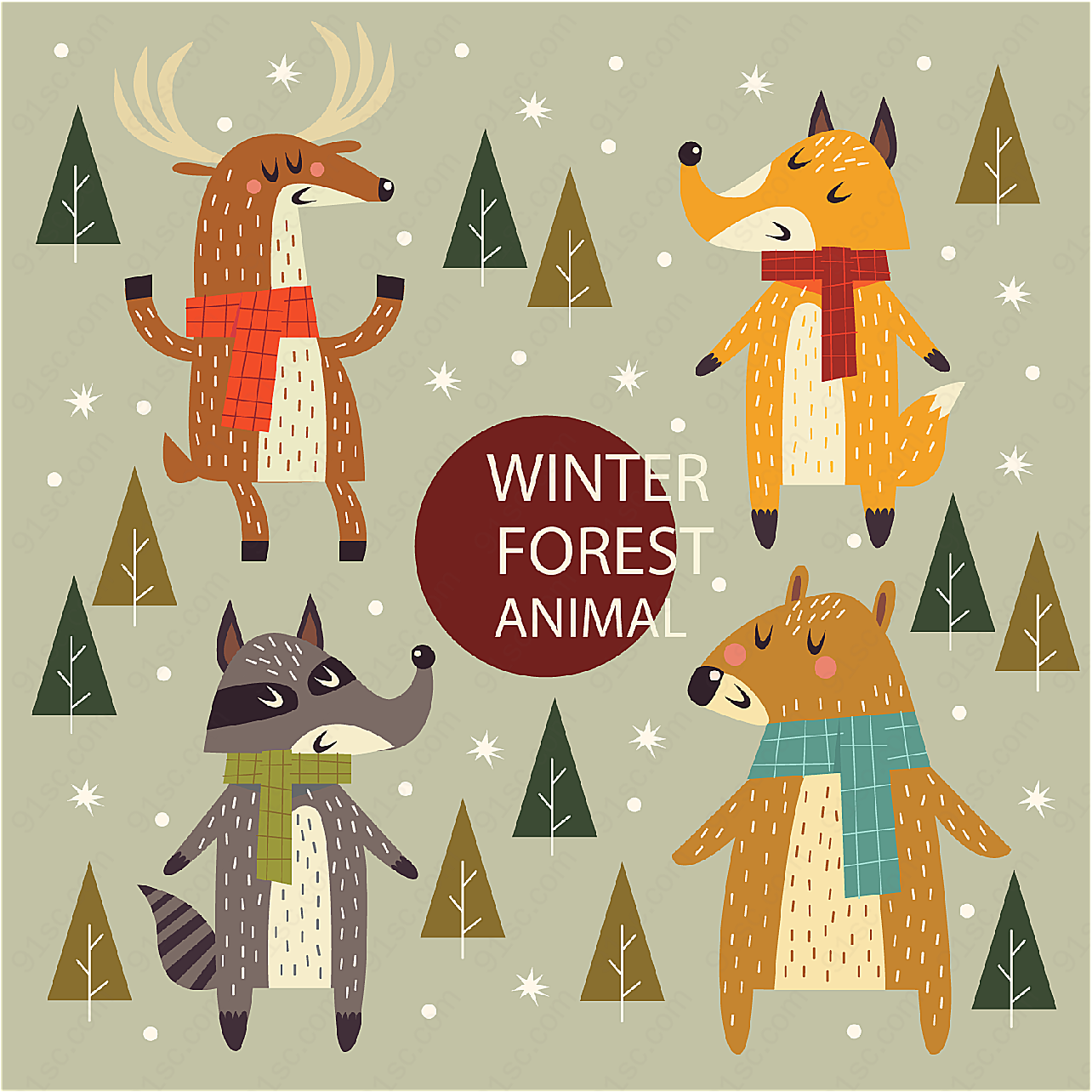 彩绘冬季动物矢量卡通动物
