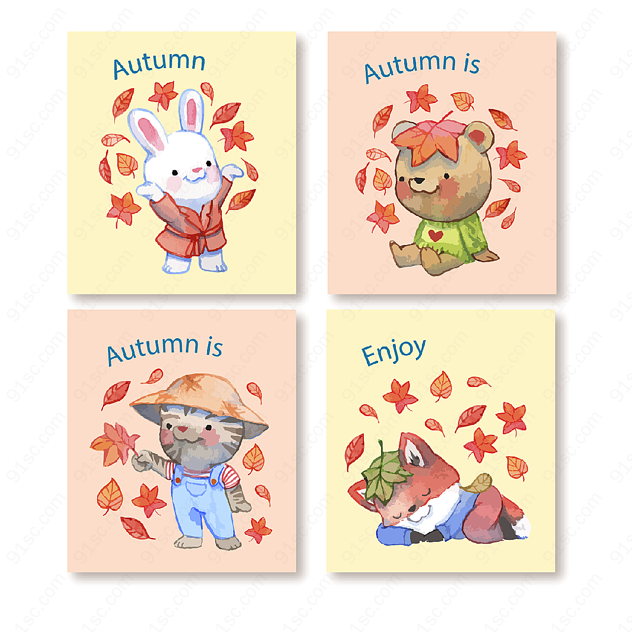 落叶中的动物卡片矢量名片卡片