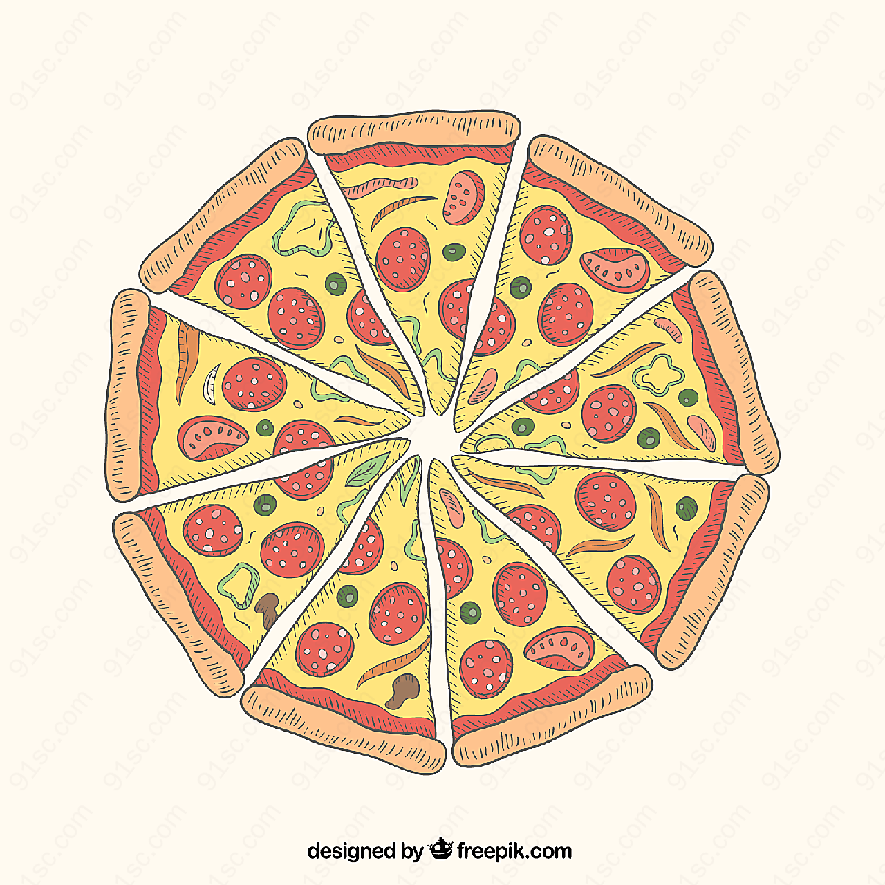 香肠披萨俯视图矢量美食