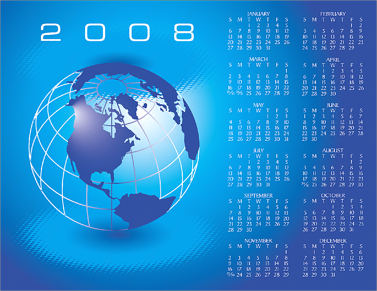 2008年全年日历年历日历矢量