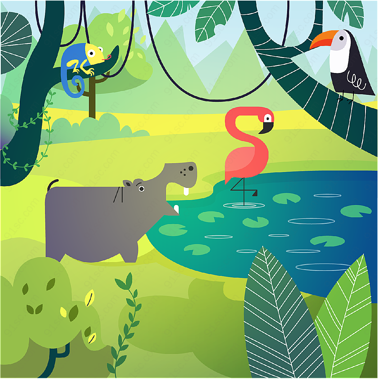 可爱森林池塘动物卡通矢量插画