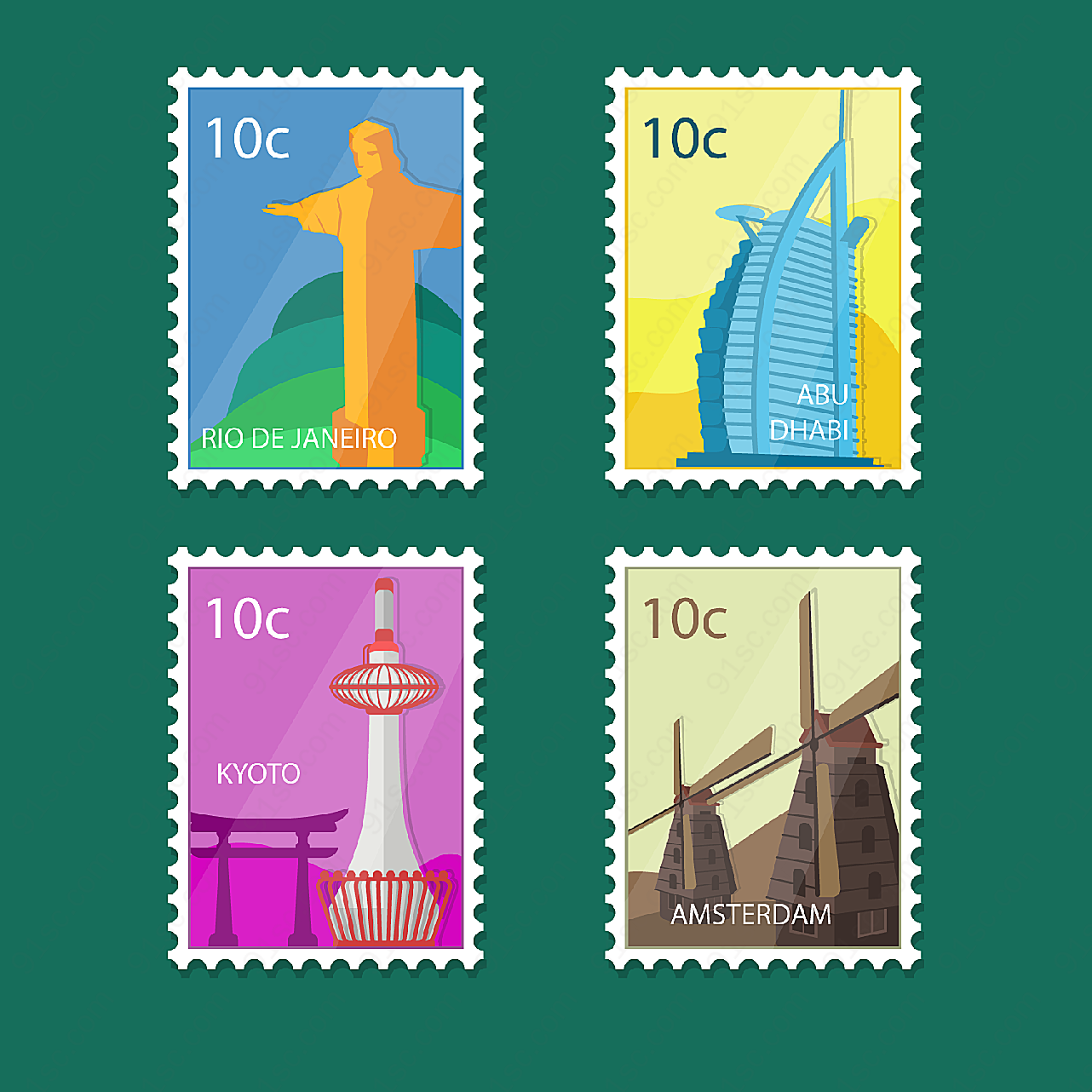 标志性建筑邮票矢量建筑景观